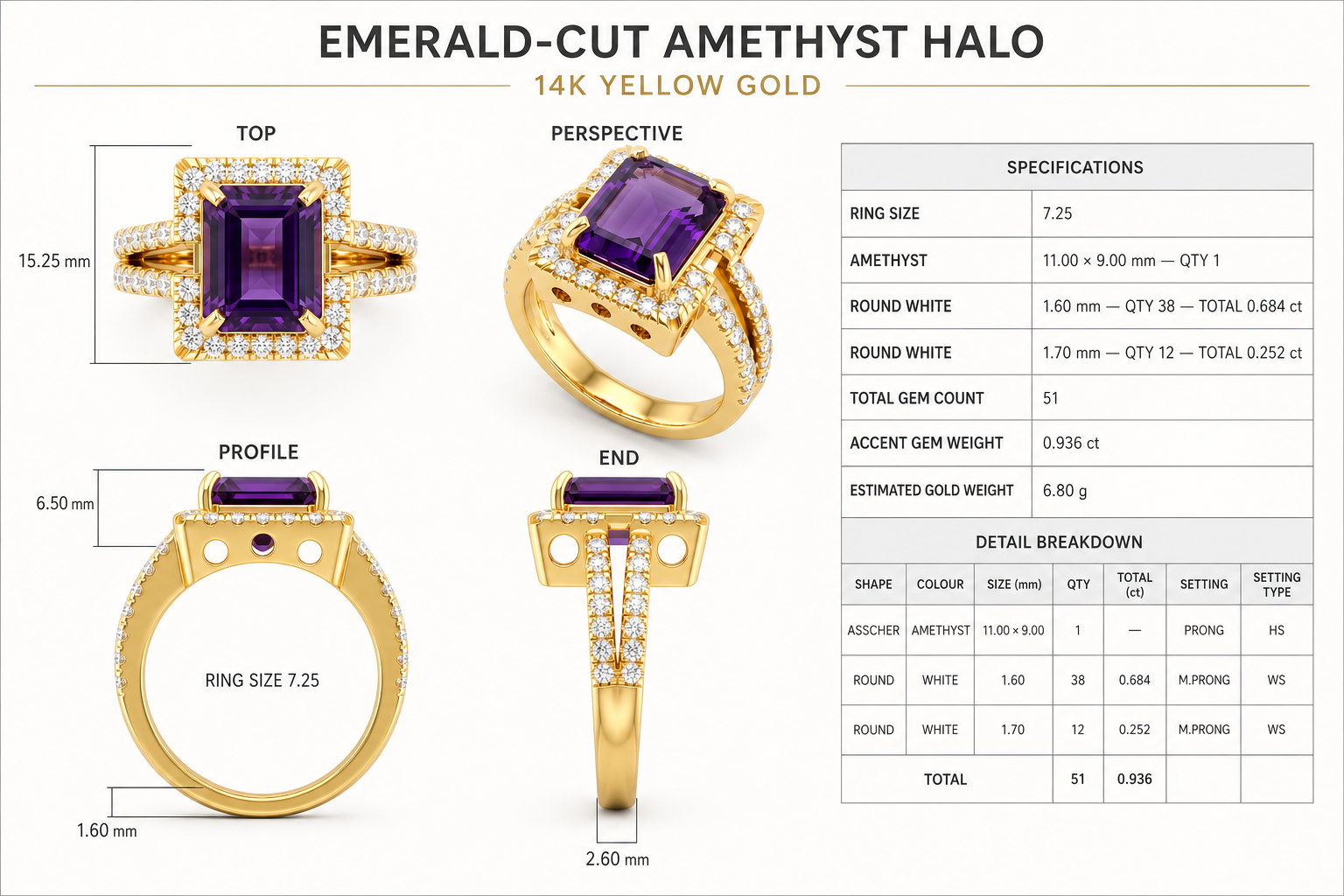 CAD rendering of an emerald-cut amethyst halo ring