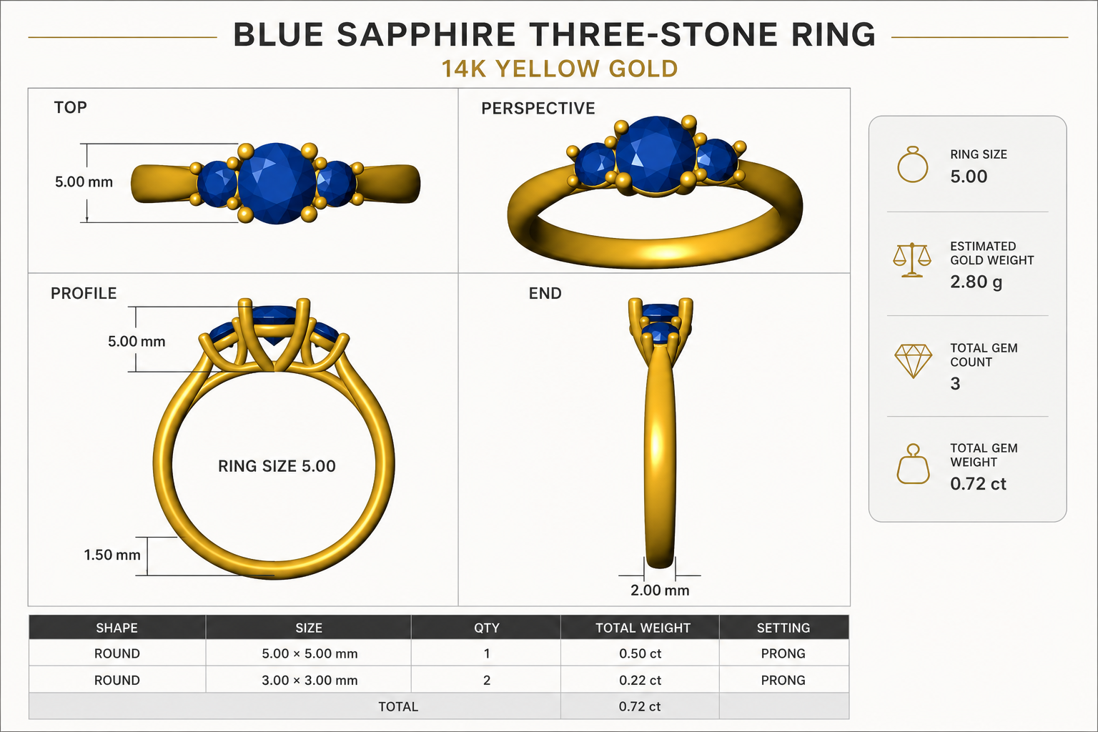 CAD rendering of a blue sapphire three-stone ring