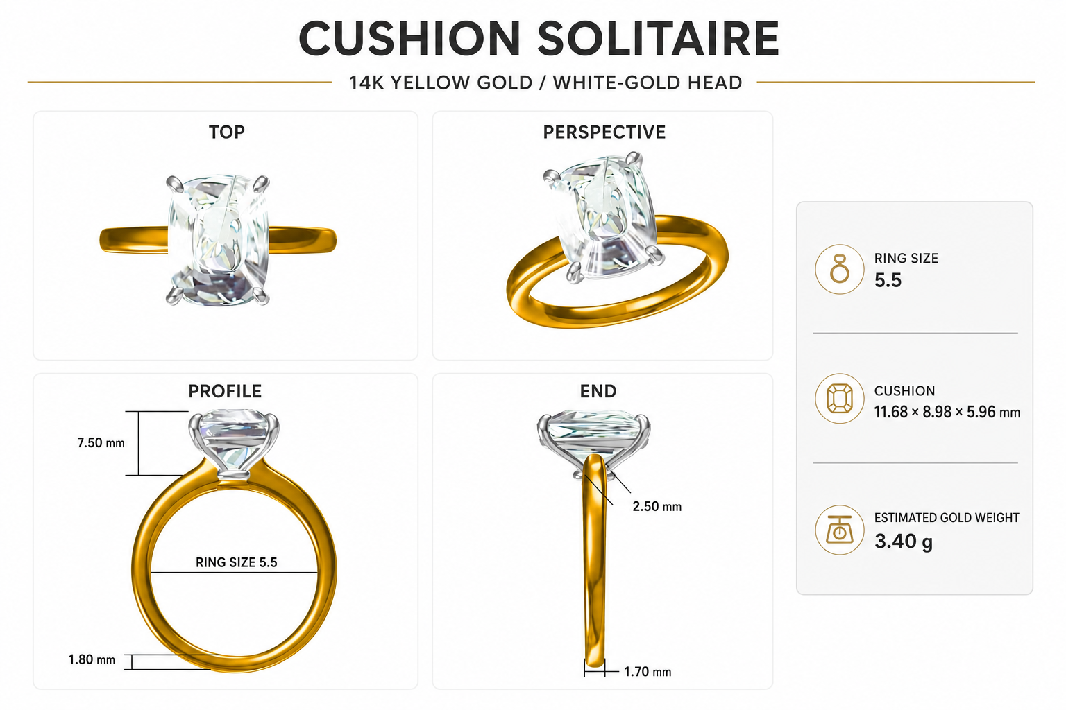 CAD rendering of a cushion solitaire ring