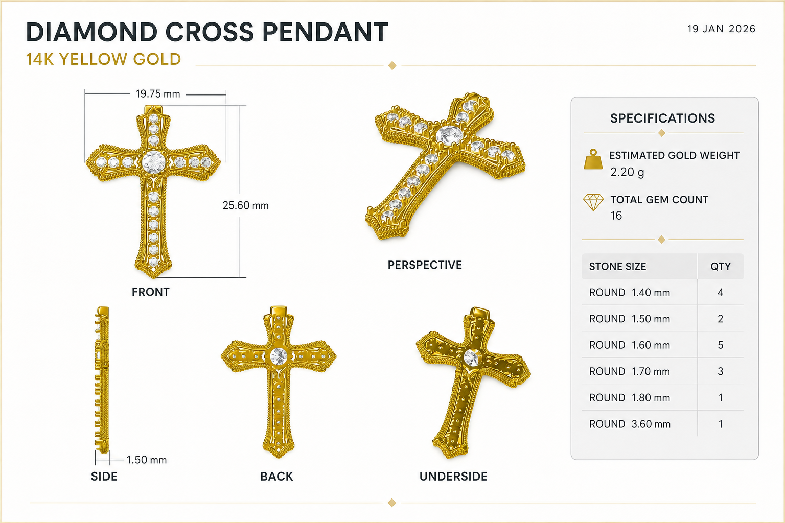 CAD rendering of a diamond cross pendant