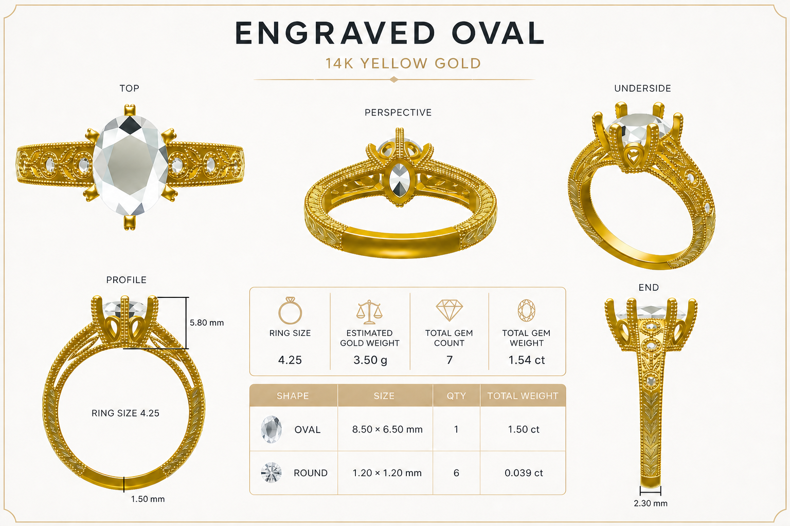 CAD rendering of an engraved oval ring