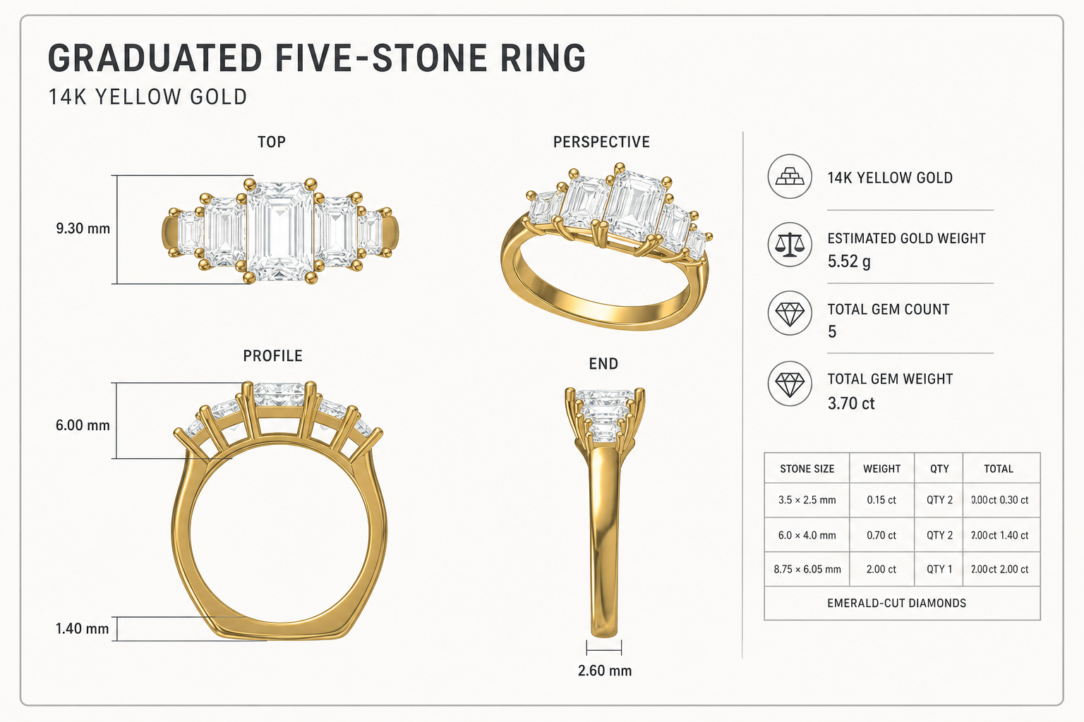 CAD rendering of a graduated five-stone ring