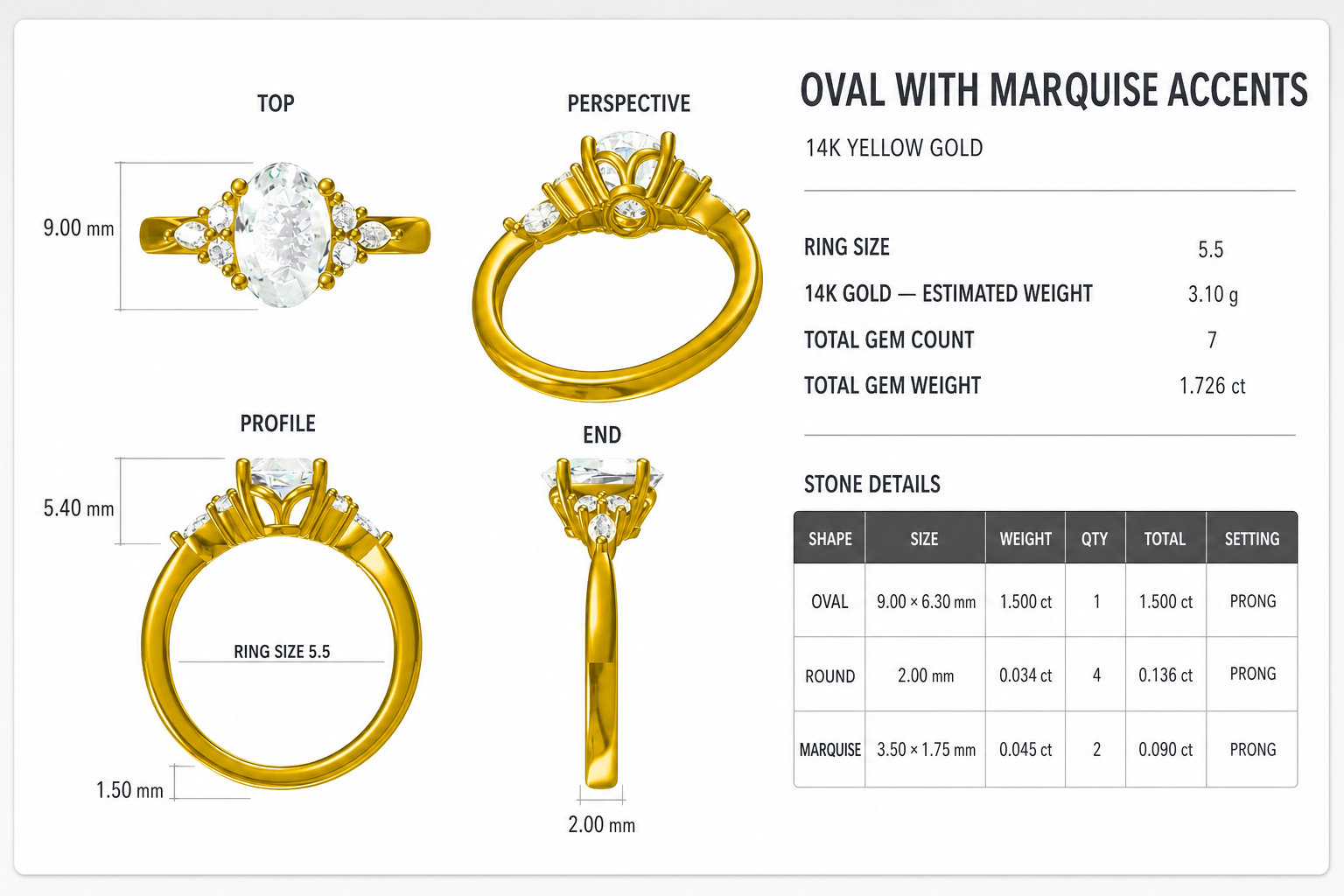 CAD rendering of an oval ring with marquise accents