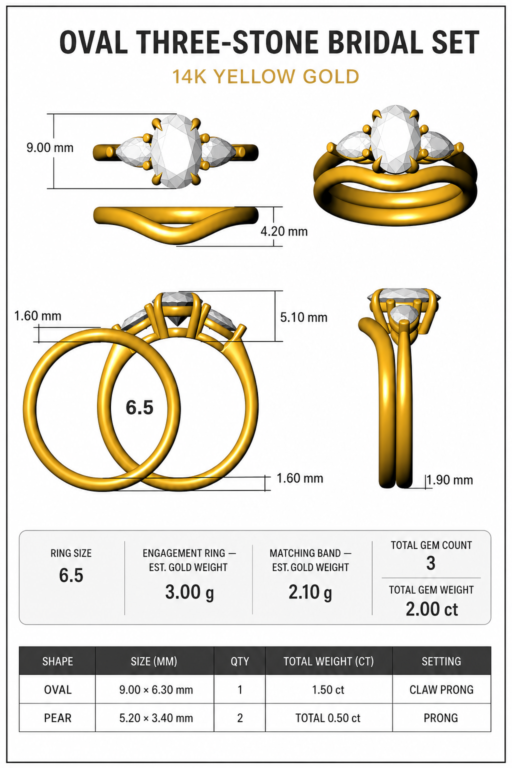 CAD rendering of an oval three-stone bridal set