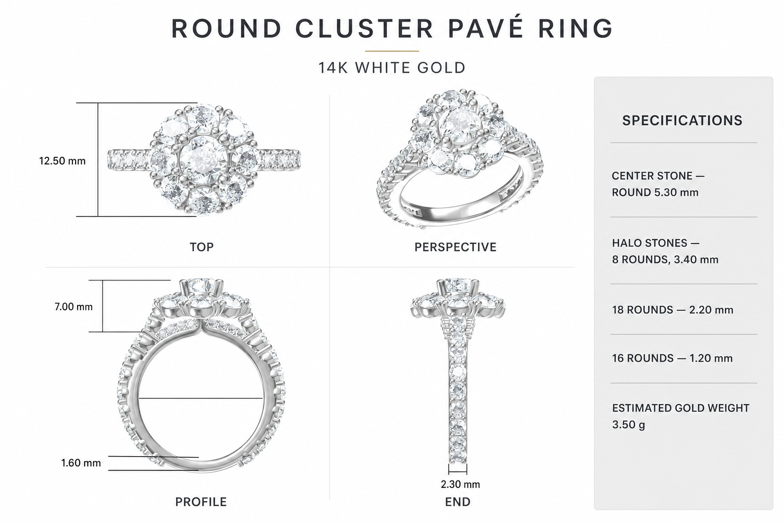 CAD rendering of a round cluster pave ring