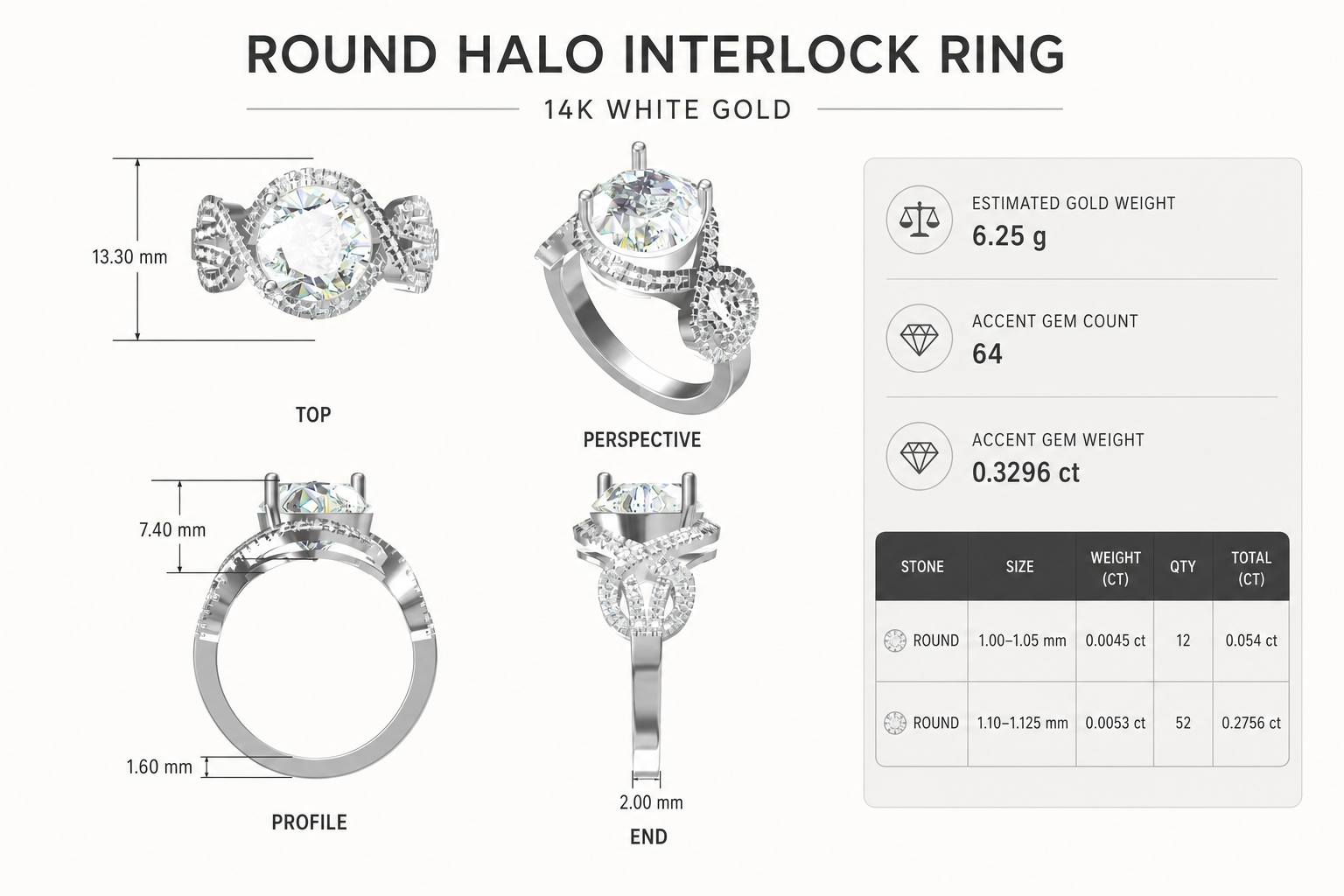CAD rendering of a round halo interlock ring