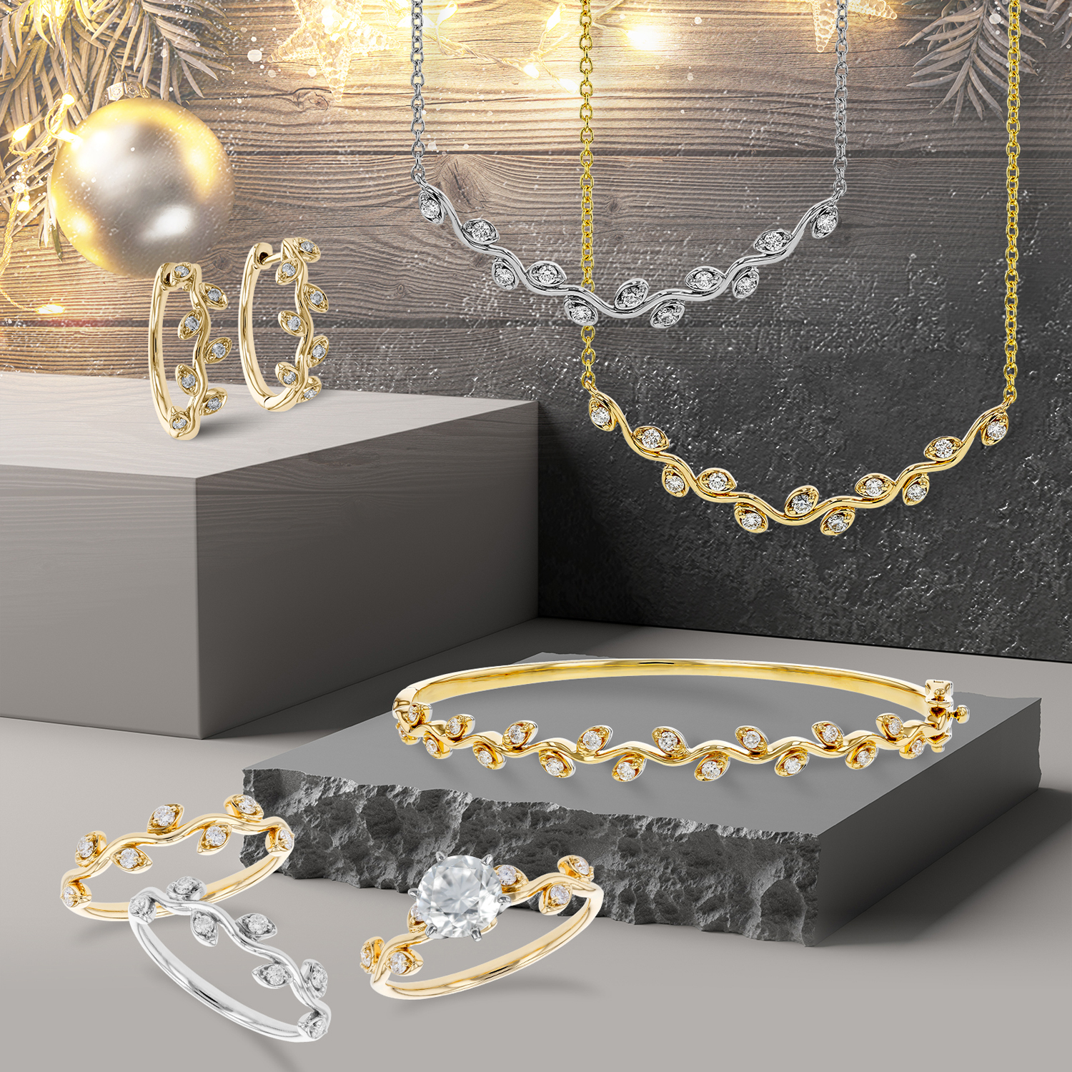 Coordinated botanical diamond jewelry collection